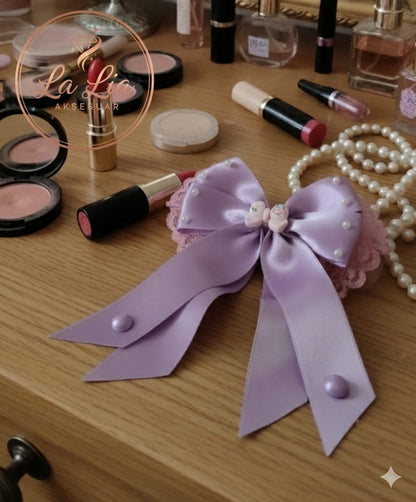 Lila Fiyonk Kurdele Saten Otomatik Klipsli Toka