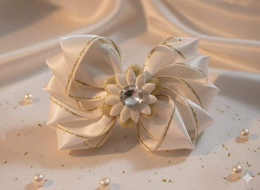 Beyaz Saten Altın Şeritli Otomatik Klipsli Toka