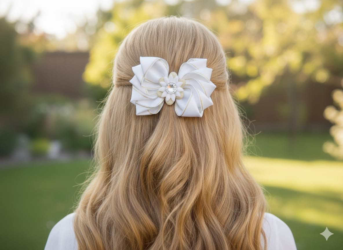 Beyaz Saten Altın Şeritli Otomatik Klipsli Toka