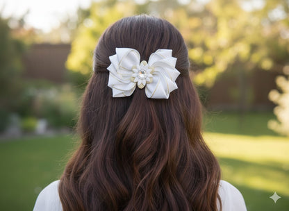 Beyaz Saten Altın Şeritli Otomatik Klipsli Toka