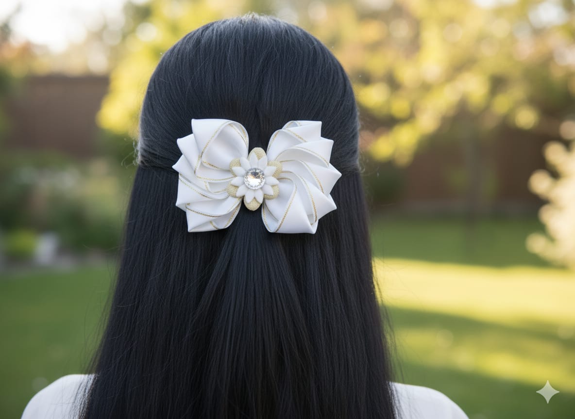 Beyaz Saten Altın Şeritli Otomatik Klipsli Toka