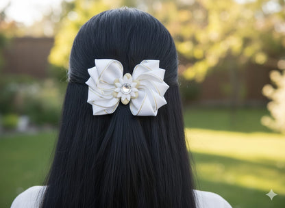 Beyaz Saten Altın Şeritli Otomatik Klipsli Toka